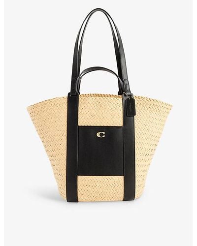 COACH Logo-embellished Straw And Leather Tote Bag - Black