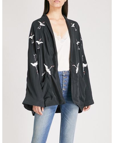 The Kooples Stork-embroidered Silk Kimono Jacket - Black