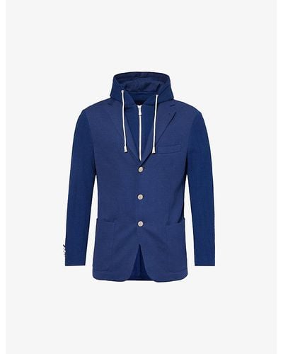 Eleventy Detachable-hood Notched-lapel Cotton-blend Jacket - Blue