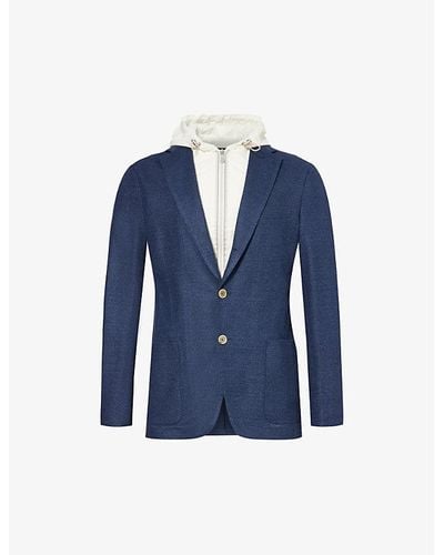 Eleventy Vy And Ivory Hooded Notched-lapel Linen And Cotton-blend Blazer - Blue