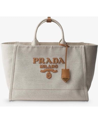 Prada Brand-plaque Linen-blend Tote Bag - Natural