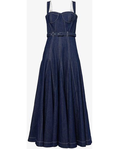 Huishan Zhang Keya Belted-waist Denim Midi Dress - Blue