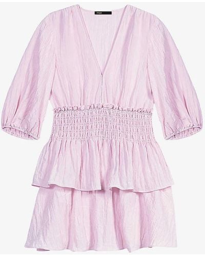 Maje Shirred-waist V-neck Woven Mini Dress - Pink