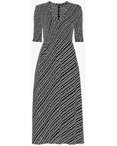 Whistles Graphic-print Shirred-bodice Woven Midi Dress - Grey