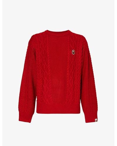 A Bathing Ape Brand-embroide Cable-texture Knitted Sweater - Red