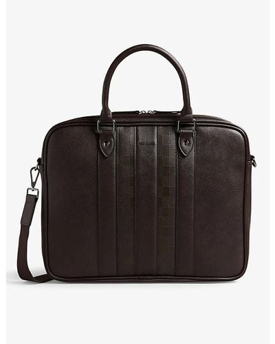 Ted Baker Waymon Checked Logo-embellished Faux-leather Briefcase - Black