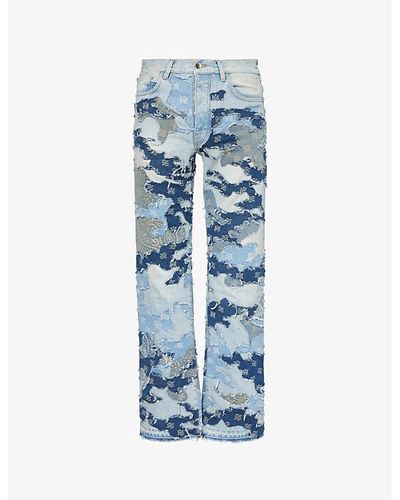 Amiri Branded Camouflage-panel Straight-leg Jeans - Blue