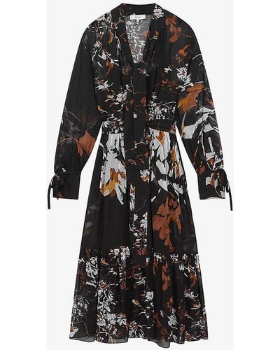 Reiss Charlotte Floral-print Belted-waist Woven Midi Dress - Black
