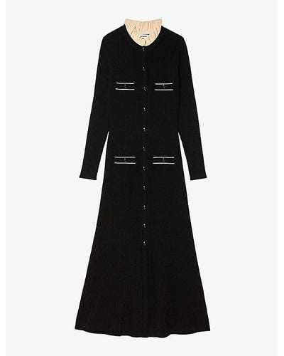 Sandro Odaya Round-neck Long-sleeve Knitted Midi Dress - Black