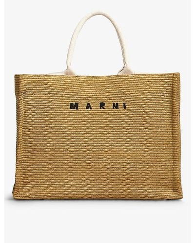 Marni Embroidered-logo Woven-raffia Tote Bag - Natural