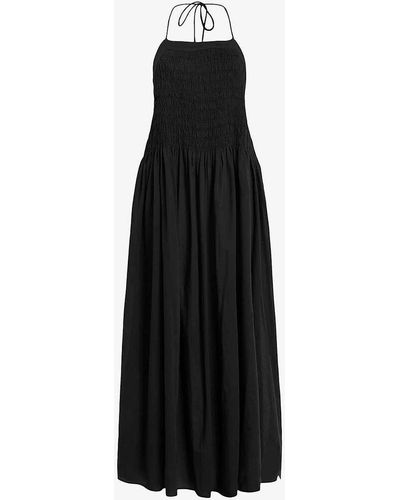 AllSaints Iris Shirred Cotton Midi Dress - Black