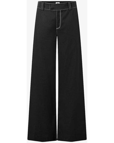 Twist & Tango Ginny Contrast-stitch Wide-leg Mid-rise Linen-blend Trousers - Black