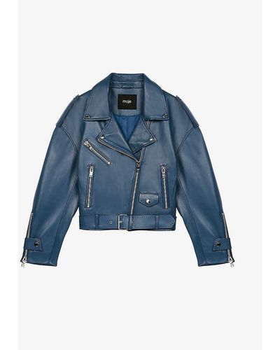 Maje Blum Belted Cropped Leather Biker Jacket - Blue