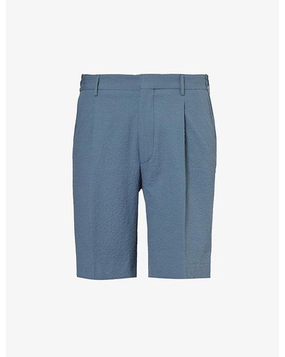 Corneliani Seersucker Mid-rise Cotton Shorts - Blue