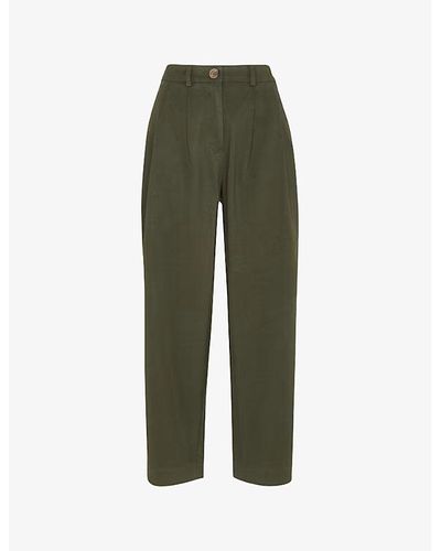 Whistles Bethany Pleated Barrel-leg Mid-rise Cotton Trousers - Green