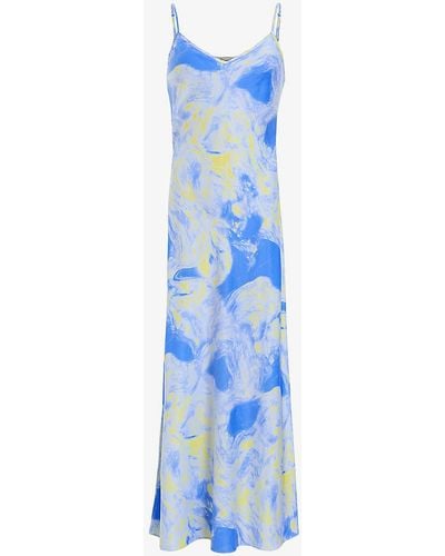 AllSaints Bryony Graphic-print Woven Midi Slip Dress - Blue