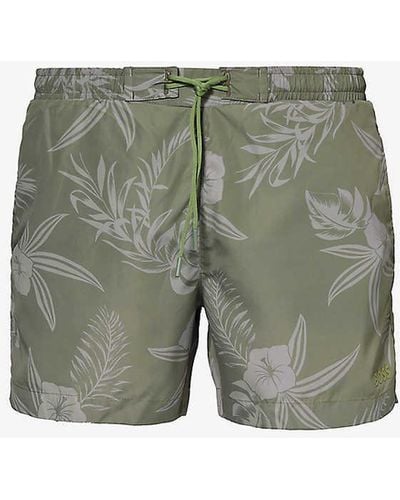 BOSS Flower-print Recycled-polyester Swim Shorts - Green