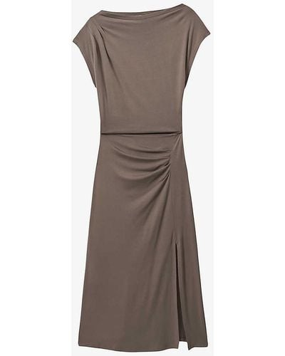 Reiss Leonore Off-shoulder Draped Stretch-woven Midi Dress - Brown