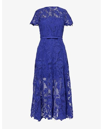 Self-Portrait Floral-embroidered Lace Woven Midi Dress - Blue