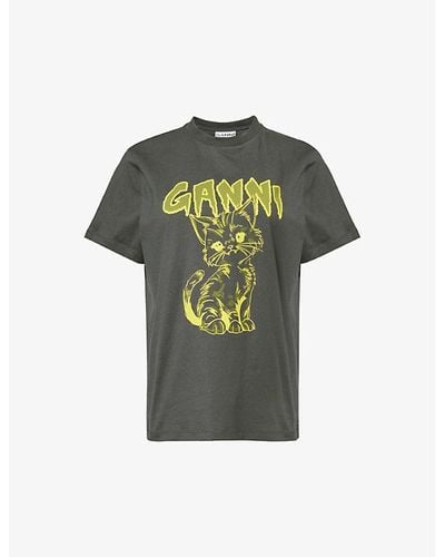 Ganni Kitty Graphic-print Organic-cotton T-shirt - Green