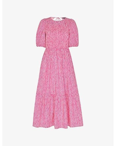 Whistles Uneven Lines Graphic-print Shirred-bodice Cotton Midi Dress - Pink