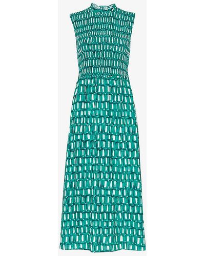 Whistles Heidi Graphic-print Shirred-front Woven Midi Dress - Green