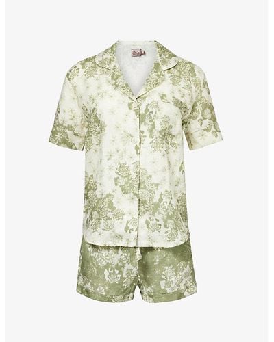Desmond & Dempsey Graphic-print Short Linen Pajama Set - Green