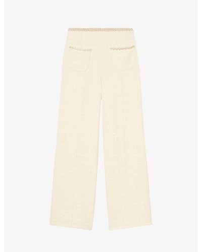 Sandro Rhinestone-embellished Wide-leg Mid-rise Cotton-blend Pants - White