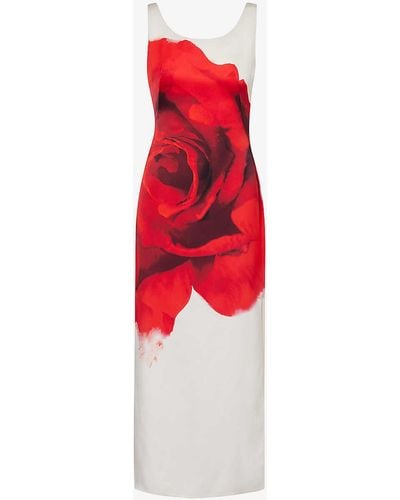 Alexander McQueen Graphic-pattern Split-hem Silk Midi Dress - Red