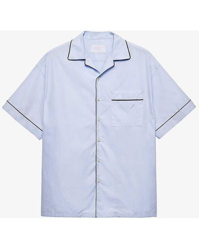 Prada Brand-appliqué Contrast-piping Cotton Shirt - Blue