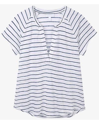The White Company White/vy Stripe-print Open-neck Linen T-shirt