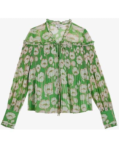 Ted Baker Floral-print Pleated Woven Top - Green