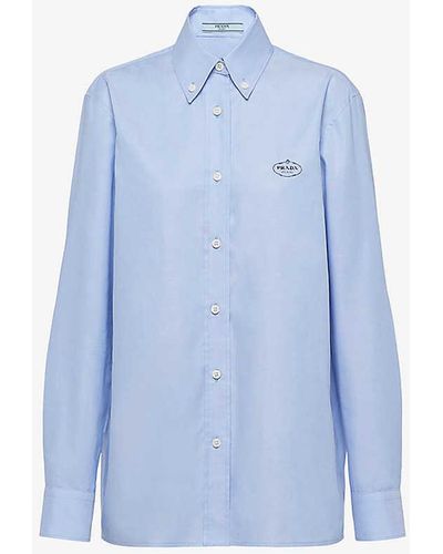 Prada Logo-embroidered Regular-fit Cotton Oxford Shirt - Blue