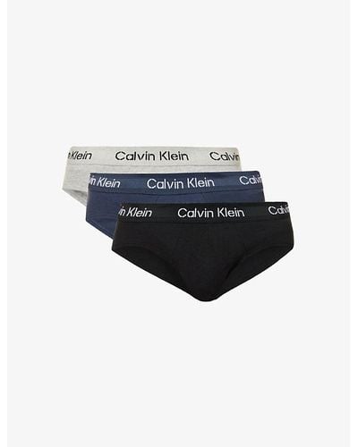 Calvin Klein Branded-waistband Pack Of Three Stretch-cotton Briefs X - Blue