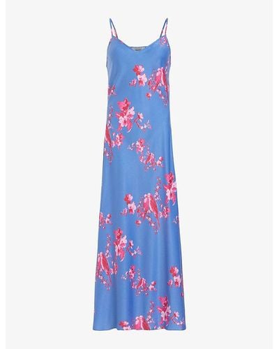 AllSaints Bryony Iona Graphic-print Recycled-polyester Maxi Slip Dress - Blue