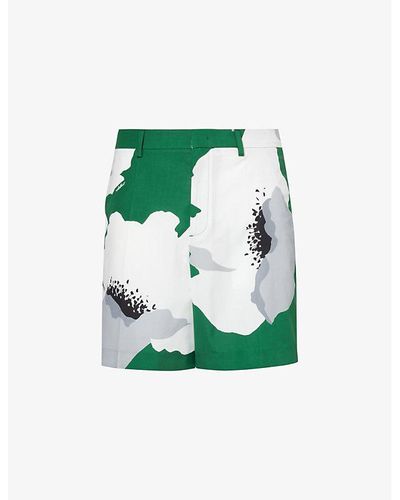 Valentino Flower Graphic-print Relaxed-fit Cotton Shorts - Green