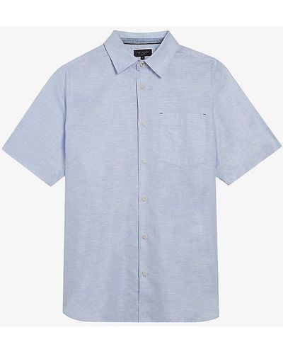 Ted Baker Palomas Regular-fit Short-sleeve Linen And Cotton-blend Shirt - Blue