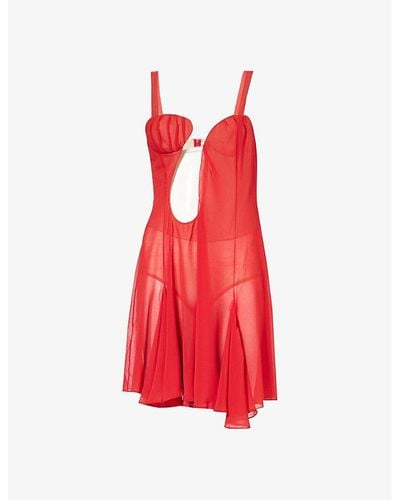 Nensi Dojaka Godet Asymmetric Silk Mini Dress - Red