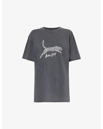 Anine Bing Leopard Brand-print Organic-cotton Jersey T-shirt - Gray