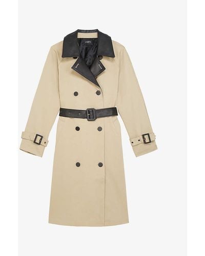 The Kooples Leather-trimmed Stretch-cotton Trench Coat - Natural