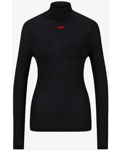 HUGO Slim-fit Branded Stretch Rib-knit Jumper - Black