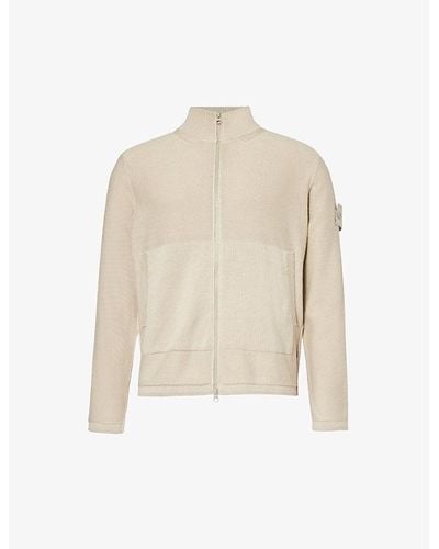 Stone Island Funnel-neck Logo-badge Cotton And Cashmere-blend Sweater - Natural