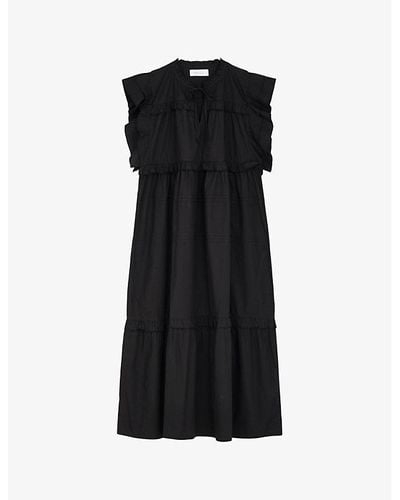 Skall Studio Clover Ruffle-sleeve Relaxed-fit Organic-cotton Midi Dress - Black