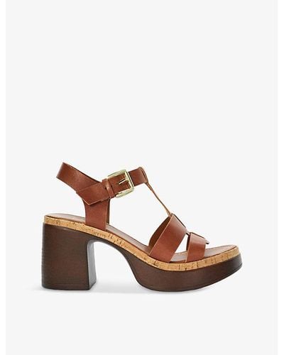 Dune Jungle T-bar Leather Heeled Sandals - Brown