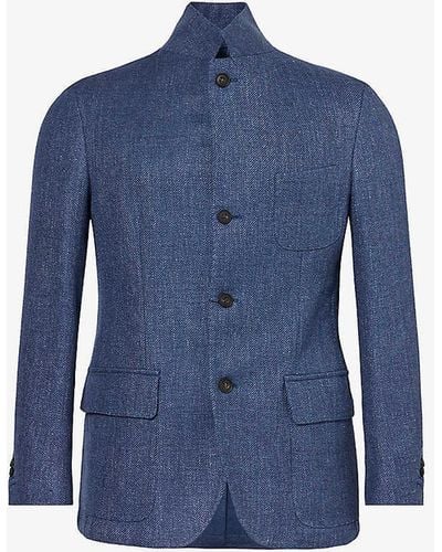 Corneliani Single-breasted Notched-lapel Wool And Linen-blend Jacket - Blue