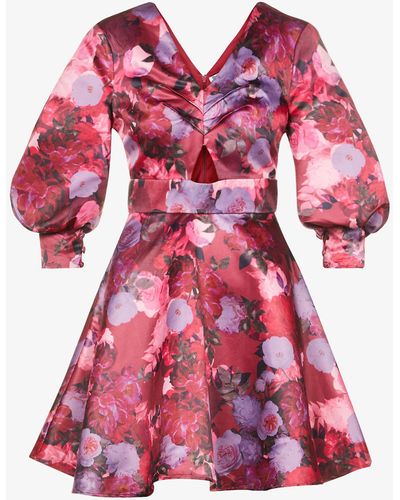 Chi Chi London Floral-print Puff-sleeve Satin-crepe Mini Dress - Pink