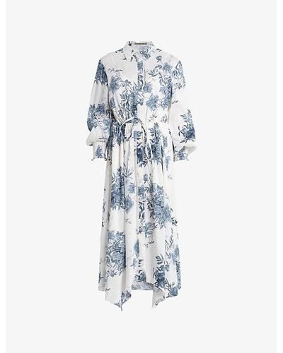 AllSaints Skye Dekorah Graphic-print Asymmetric-hem Silk And Linen-blend Midi Dress - Blue