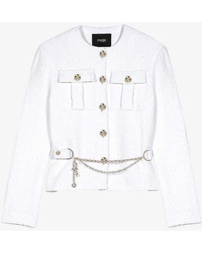 Maje Adjustable Belt And Charm Tweed Jacket - White