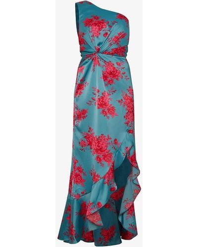 Chi Chi London One-shoulder Floral-print Satin Midi Dress - Blue