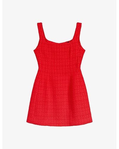 Maje Square-neck Tweed Cotton-blend Mini Dress - Red
